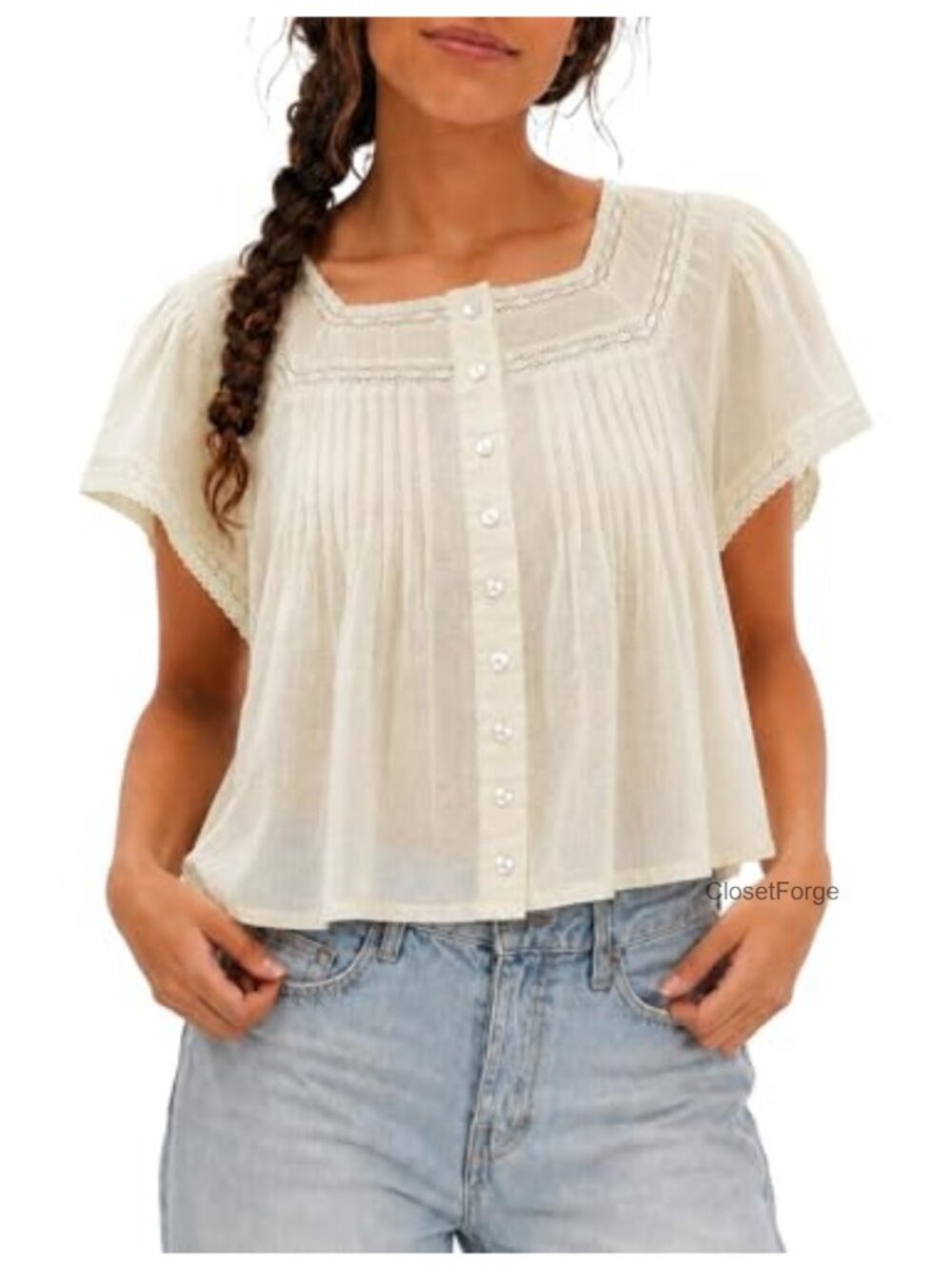 Boho Cotton Semi-Sheer Babydoll Crop Top with Square Neck & Ruffled Sleeves